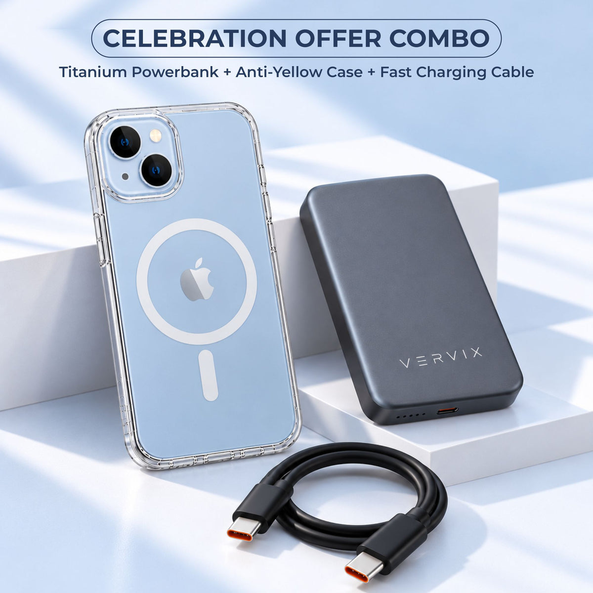 Mobile Accessories Combo Pack – Anti Yellow Case, Titanium Magnetic Wireless Power Bank & Type-C to Type-C 120W Fast Charging Cable